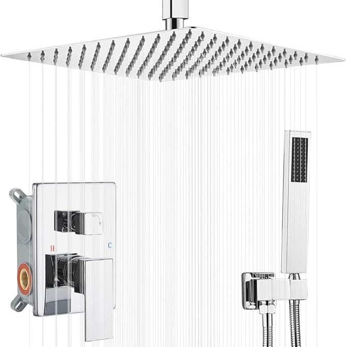 16 Inch Ceiling Mount Polished Chrome Shower System Bathroom Luxury Rain Mixer Shower Combo Set Ceiling Rainfall Shower Head System (Contain Shower Faucet Rough-in Valve Body and Trim Kit)