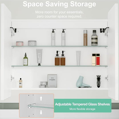 32x30 Inch Medicine Cabinet with Mirror, Recessed or Surface Mount Bathroom Medicine Cabinet with LED Lights, Anti-Fog, Memory Function, Adjustable Shelf, Dimmable Light, ETL Listed, White