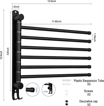 Matte Black 6 - Arm Stainless Steel Swivel Towel Rack with Hook: Wall - Mounted, Rustproof Space - Saver for Bathroom & Kitchen - 180° Rotation, 14kg Capacity