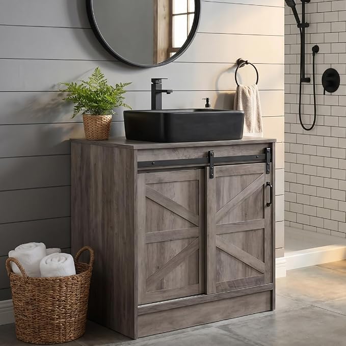 30" Barn Door Bathroom Vanity, Farmhouse Style Standing Pedestal Cabinet with Black Ceramic Vessel Sink