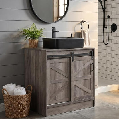 30" Barn Door Bathroom Vanity, Farmhouse Style Standing Pedestal Cabinet with Black Ceramic Vessel Sink