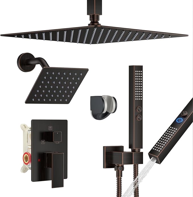 Rain Shower System 12" & 6" Dual Shower Heads Ceiling Shower Faucet Set | Ideal for bathroom remodels and upgrades with 12" rain shower, 6" angled shower, handheld spray and complete valve kit.