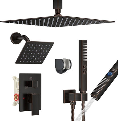 Rain Shower System 12" & 6" Dual Shower Heads Ceiling Shower Faucet Set | Ideal for bathroom remodels and upgrades with 12" rain shower, 6" angled shower, handheld spray and complete valve kit.