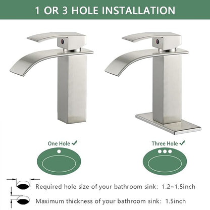 VOTON Waterfall Bathroom Faucets Brushed Nickel Modern Single Handle Sink Faucet for 1 or 3 Holes with Deck Plate and Pop-Up Drain, Rv Sink Camper Farmhouse Faucet