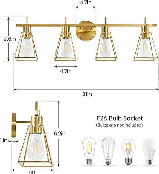 Industrial Bathroom Vanity Lights: 4-Lights Gold Brushed Brass Vintage Metal Cage Wall Lamps - Rustic Farmhouse Light Fixture Over Mirrors Cabinet for Painting Hallway