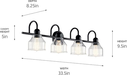 Kichler Avery 33.5" Bathroom Vanity Industrial 4 Light Wall Fixture with Clear Seeded Glass in Black, for Bathroom (8.25" x 33.5" x 9.5") 45974BK