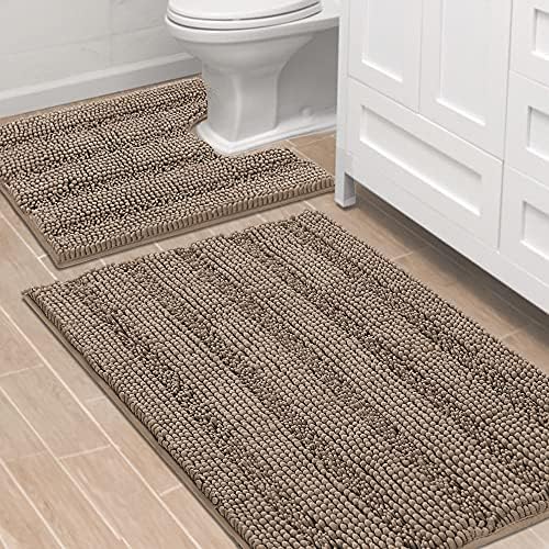 H.VERSAILTEX Bathroom Rugs Bath Rug Set 2 Piece Bathroom Contour Rug Toilet Mat Sets Non Slip Contour Bath Rug Ultra Thick Water Absorbent Striped Bath Mats(36" x 24" Plus 20" x 24" U, Taupe Brown)