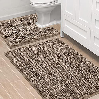H.VERSAILTEX Bathroom Rugs Bath Rug Set 2 Piece Bathroom Contour Rug Toilet Mat Sets Non Slip Contour Bath Rug Ultra Thick Water Absorbent Striped Bath Mats(36" x 24" Plus 20" x 24" U, Taupe Brown)