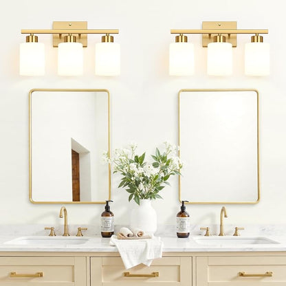 3-Light Bathroom Light Fixtures, Brushed Gold Vanity Light, Bathroom Vanity Light with Milky White Frosted Glass Shades, Bathroom Light for Mirror, Bedroom, Hallway, or Living Room