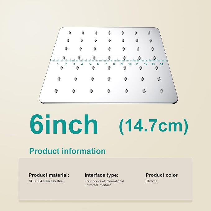 Square Rain Shower Head, High Flow Stainless Steel,Work with any decorative style，All Metal Rainfall Shower Head (Chrome, 6)