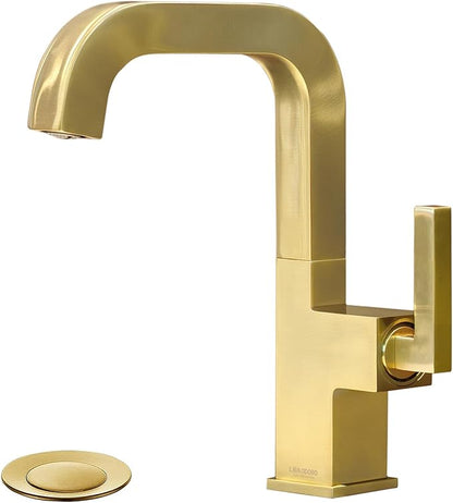 Lava Odoro Gold Bathroom Faucet Single Handle, Brushed Gold Faucet for Bathroom Sink 1 or 3 Hole Soild Brass with Drain Assembly Deck Plate Included, BF204-SG