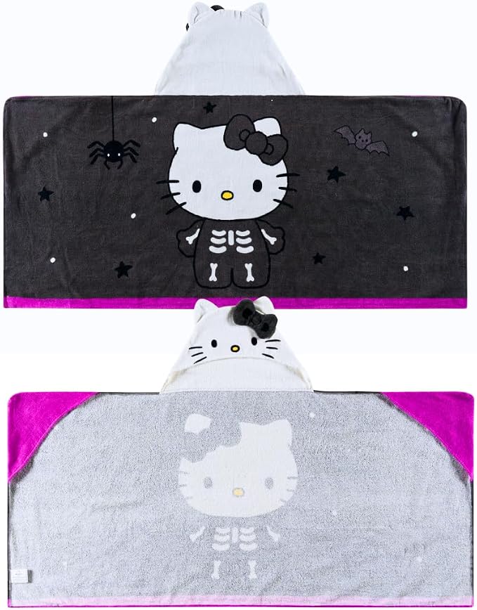 Sanrio Hello Kitty Skeleton Halloween Kids Super Soft Bath/Pool/Beach Soft Cotton Terry Hooded Towel Wrap, 24 in x 50 in, (Officially Licensed Product) by Franco