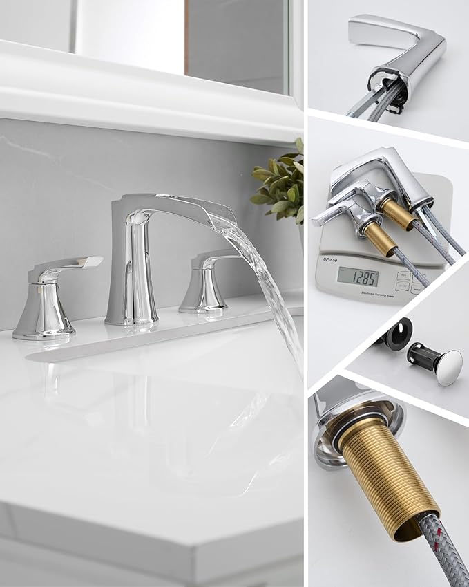 Fapully Chrome Bathroom Faucet 3 Hole, Waterfall 8 Inch Widespread Bathroom Sink Faucet with Pop-up Drain, Two-Handle Faucets for Bathroom Sink