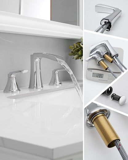 Fapully Chrome Bathroom Faucet 3 Hole, Waterfall 8 Inch Widespread Bathroom Sink Faucet with Pop-up Drain, Two-Handle Faucets for Bathroom Sink