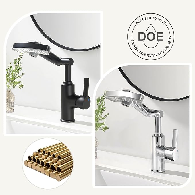 Black Rotatable Rain Faucet, Single Hole 360° Rotatable Bathroom Faucet, Single Handle Modern Bathroom Sink Faucet with LED Temperature Display(No Batteries) in Fahrenheit, 3 Water Modes