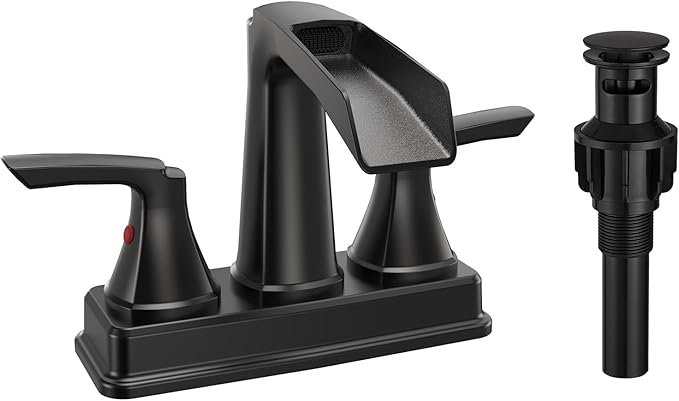 Fapully Matte Black Bathroom Faucet, Waterfall Bathroom Sink Faucet Widespread, 4 Inch Centerset Faucet for Bathroom Sink with Pop-up Drain