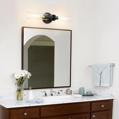 Black Sconces Wall Lighting, Bathroom 2-Light Vanity Light W/Clear Glass Shade, Modern Wall Mounted Lights for Mirror, Makeup Vanity, Kitchen, Washroom, Hallway, E26 T10 Bulbs(Excluded)
