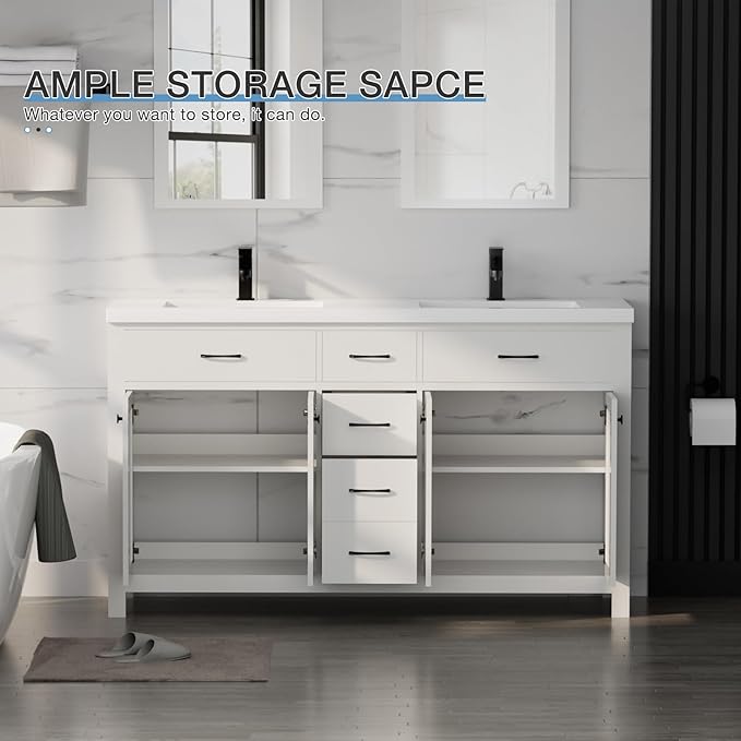 LUCKWIND 60" Bathroom Vanity and Sink Combo, Painted Modern Bathroom Storage Cabinet with Double Large Sink, Four Doors and Three Drawers, Include Faucet, Without Mirror, White