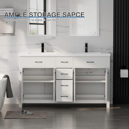 LUCKWIND 60" Bathroom Vanity and Sink Combo, Painted Modern Bathroom Storage Cabinet with Double Large Sink, Four Doors and Three Drawers, Include Faucet, Without Mirror, White