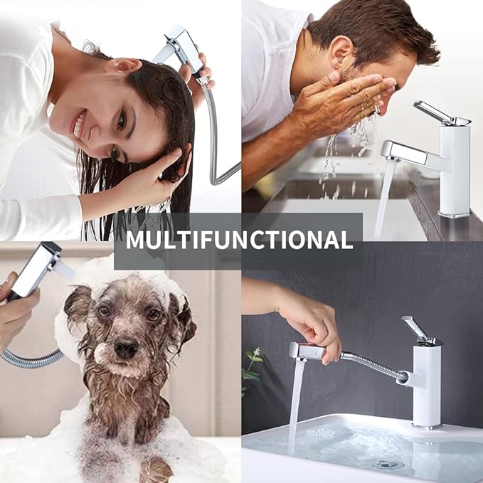 KAIYING Bathroom Sink Faucet with Pull Out Sprayer, Single Handle Basin Mixer Tap for Hot and Cold Water, Pull Down Sink Faucet with Rotating Spout (Regular, Chrome & White)
