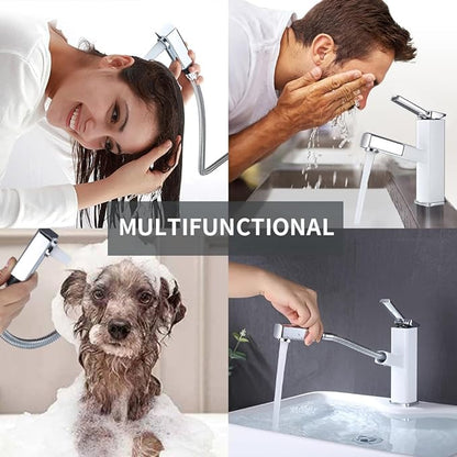 KAIYING Bathroom Sink Faucet with Pull Out Sprayer, Single Handle Basin Mixer Tap for Hot and Cold Water, Pull Down Sink Faucet with Rotating Spout (Regular, Chrome & White)