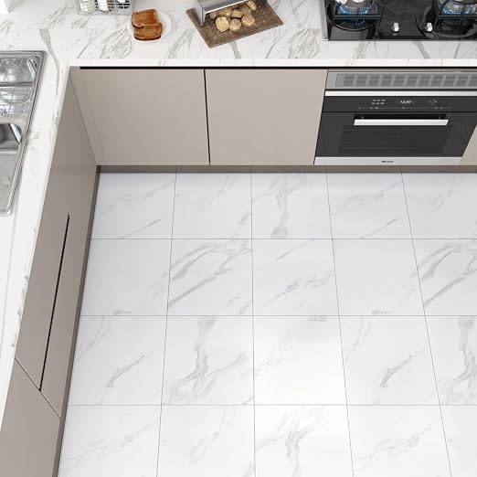 Marble Peel and Stick Floor Tile Bathroom Waterproof Vinyl Tiles | Self Adhesive Marble Sticky Tiles for Floor Bedroom Kitchen Camper Laundry Peel and Stick Tile Flooring 20 PCS 12"x12" White
