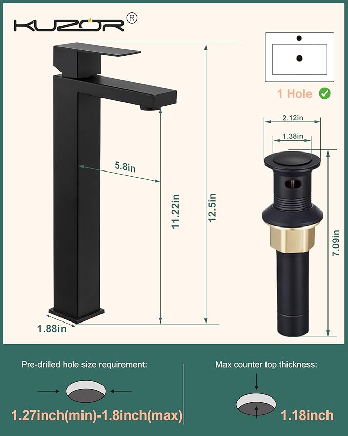 Tall Vessel Sink Faucet, Single Hole Bathroom Faucet with Pop-Up Drain, 304 Stainless Steel Matte Black for Modern Bath/Vanity