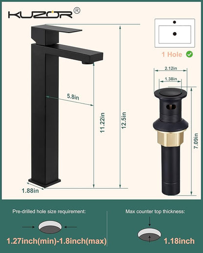 Tall Vessel Sink Faucet, Single Hole Bathroom Faucet with Pop-Up Drain, 304 Stainless Steel Matte Black for Modern Bath/Vanity