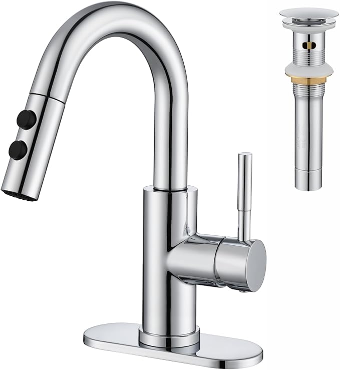 Bathroom Faucet with Sprayer, Chrome Single Hole with Pop-Up Drain | Kablle Single Handle Pull Out 1 or 3 Hole Laundry Bar Basin Faucet with Deck Plate, KBL-7002C-CL