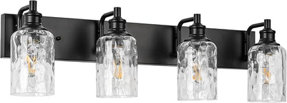 Bathroom Light Fixtures Over Mirror, 4 Lights Vanity Lights with Hammered Glass Shade, 30.8" Matte Black Farmhouse Bathroom Light Fixtures for Bedroom, Porch, Hotel, Mirror Cabinet