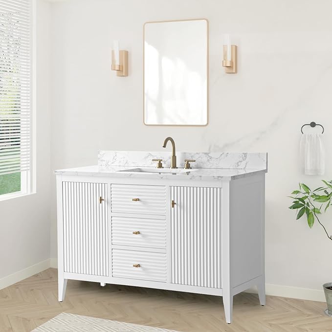 HOMEBEYOND 48" Bathroom Vanity with Sink, Solid Wood Bathroom Vanity Free-Standing Cabinet, Drawers, Ceramic Top & Soft Closing Door, Golden Brushed Handware, White