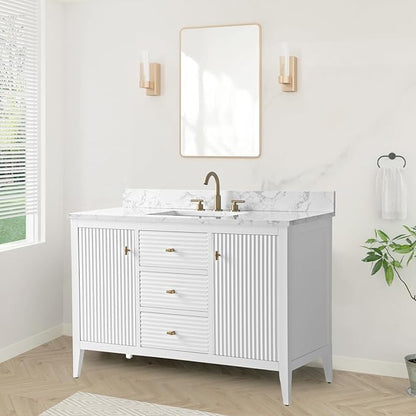 HOMEBEYOND 48" Bathroom Vanity with Sink, Solid Wood Bathroom Vanity Free-Standing Cabinet, Drawers, Ceramic Top & Soft Closing Door, Golden Brushed Handware, White
