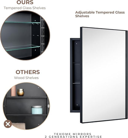 TEHOME Recessed Mount 16x26'' Squared Rectangle Silver Bathroom Medicine Cabinet with Mirror Silver Metal Framed Rectanglular Medicine Cabinet 2 Adjustable Glass Shelves