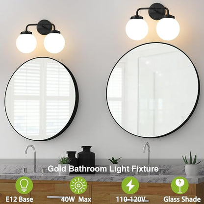 Black Bathroom Light Fixtures Over Mirror, Modern Vanity Lighting with Milk White Glass Globe Shades 2-Light Farmhouse Wall Sconce