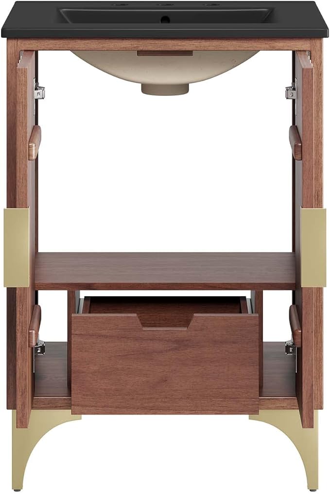 Modway Daylight Bathroom Vanity Cabinet with Ceramic Sink Basin, 24 Inch, Black Walnut