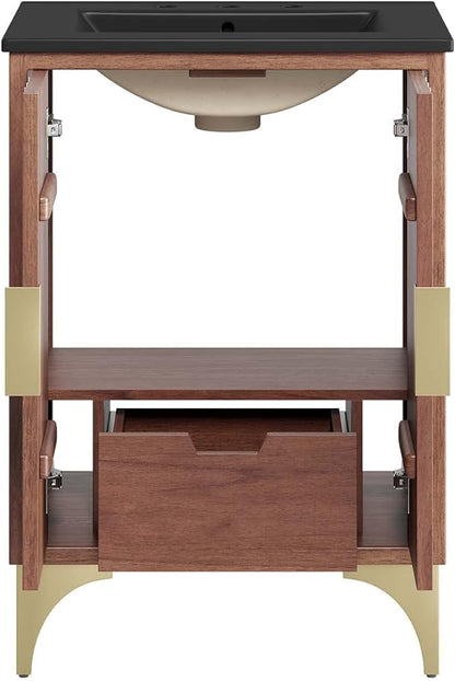 Modway Daylight Bathroom Vanity Cabinet with Ceramic Sink Basin, 24 Inch, Black Walnut