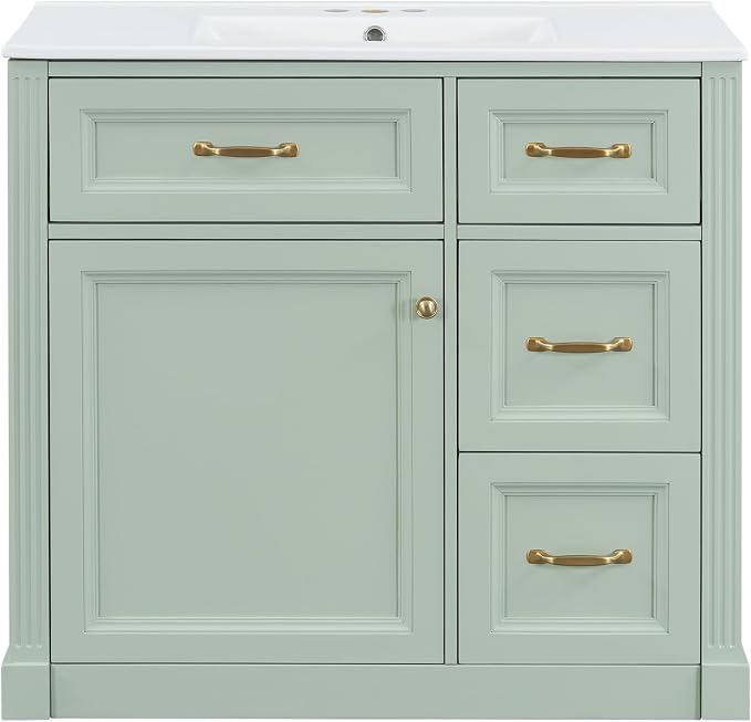 36" Bathroom Vanity with Ceramic Sink,Modern Freestanding Storage Cabinet w/Soft-Close Door and 2 Tip-Out & 2 Drawers,Undermount Single Basin Bath Vanity Set w/Adjustable Shelf,Green