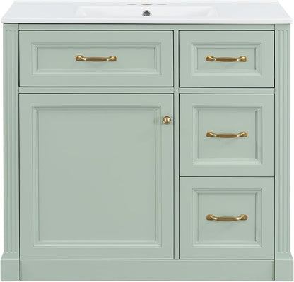 36" Bathroom Vanity with Ceramic Sink,Modern Freestanding Storage Cabinet w/Soft-Close Door and 2 Tip-Out & 2 Drawers,Undermount Single Basin Bath Vanity Set w/Adjustable Shelf,Green