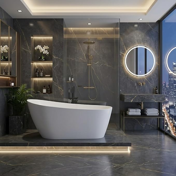 Freestanding Bathtub 59 Inch – Acrylic Free Standing Tub with Chrome Drain & Overflow, Glossy White Soaking Bathtub for Modern Bathroom Remodel
