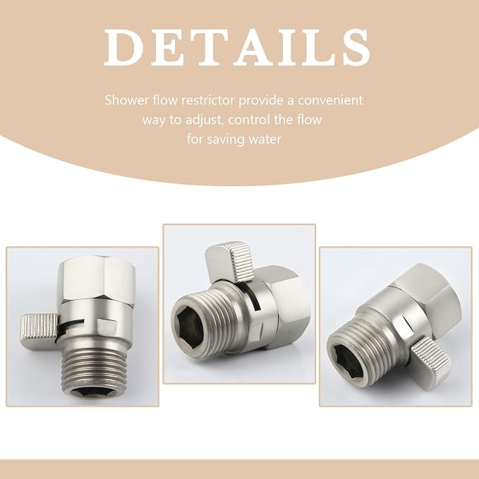 APLusee Shower Head Flow Restrictor for Bathroom Shower, Brushed Nickel | Solid brass, G 1/2 Male and Female Thread, Adjustable Shower Head Shut Off Valve for Control Water Flow