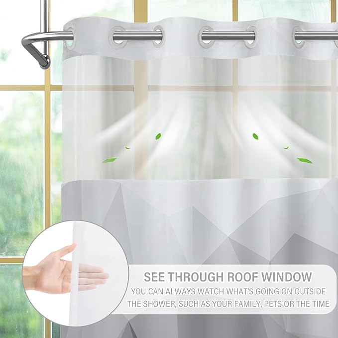 No Hook Shower Curtain with Snap in Liner Set, Light Grey, 71x86 | Waterproof Fabric for Bathroom, Modern Hotel Style Ombre Design, Mesh Top Window, Machine Washable, Quick Install