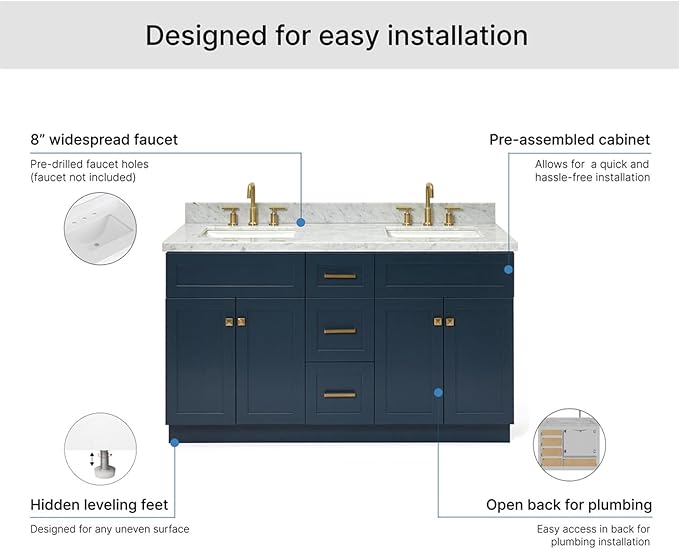 ARIEL Hamlet 60-inch Bathroom Vanity with Sink,Solid Wood, 1.5-inch Italian Carrara Marble Countertop, Double Rectangular Porcelain Sink, 4 Soft Closing Doors, 3 Dovetail Drawers, Midnight Blue