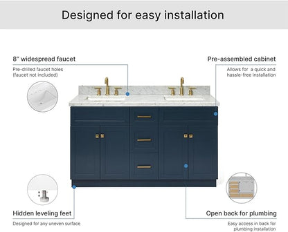 ARIEL Hamlet 60-inch Bathroom Vanity with Sink,Solid Wood, 1.5-inch Italian Carrara Marble Countertop, Double Rectangular Porcelain Sink, 4 Soft Closing Doors, 3 Dovetail Drawers, Midnight Blue