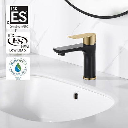SUMERAIN Modern 304 Stainless Steel Bathroom Faucet Lead-Free Vanity Sink Faucet Black&Gold Single Handle Washbasin Faucet | Lead-Free, Single Handle, Unique Flow Pattern, Water-saving, Easy DIY Install