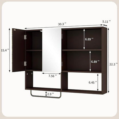 Medicine Cabinet, Wooden Bathroom Wall Cabinet with 2 Doors, Adjustable Shelves & Towel Bar, Over Toilet Storage Cabinet Wall Mounted for Laundry with Mirror, Espresso