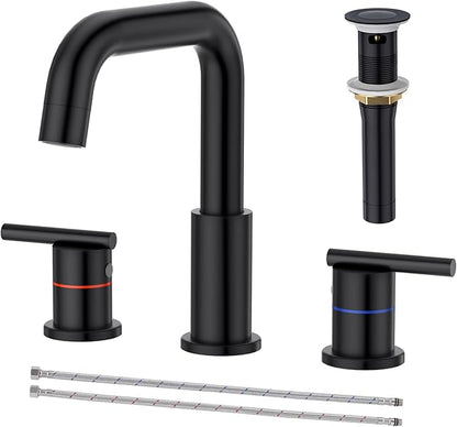 Black Bathroom Faucet 3 Hole, Widespread 8-Inch Bathroom Sink Vanity Utility Sink Faucet for with Full-Metal Pop-Up Drain, Matte Black