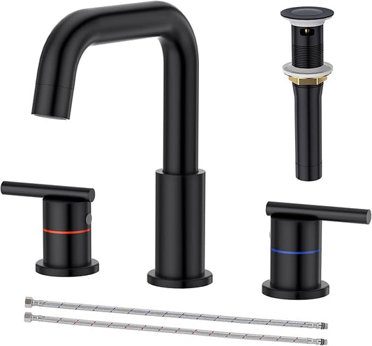 Black Bathroom Faucet 3 Hole, Widespread 8-Inch Bathroom Sink Vanity Utility Sink Faucet for with Full-Metal Pop-Up Drain, Matte Black