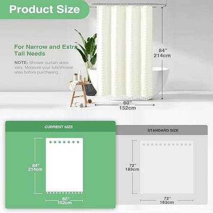 Dynamene Stall Fabric Shower Curtain, 60 x 84 inch Long Boho Farmhouse Tufted Chevron Striped Tassel Shower Curtain, Minimalist Ruffled Textured Cloth Shower Curtain Set, 10 Hook, 60x84, Cream
