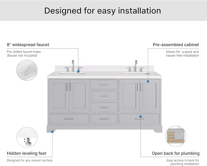 Langford 72-inch Grey Bathroom Vanity with Left & Right Rectangle Double Sinks, Carrara White Quartz Countertop & Backsplash, Solid Wood Frame, Soft-Closing & Dovetail Drawers