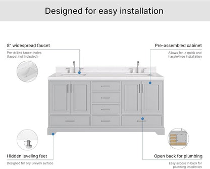 Langford 72-inch Grey Bathroom Vanity with Left & Right Rectangle Double Sinks, Carrara White Quartz Countertop & Backsplash, Solid Wood Frame, Soft-Closing & Dovetail Drawers